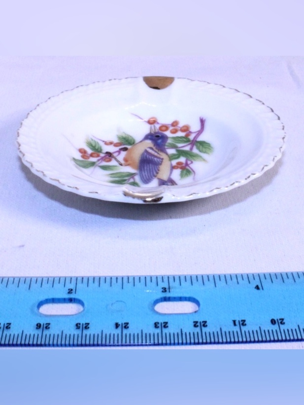 Hand-Painted Bird and Berries Porcelain Butter Pat Dish with Gold Trim - Picture 3 of 6
